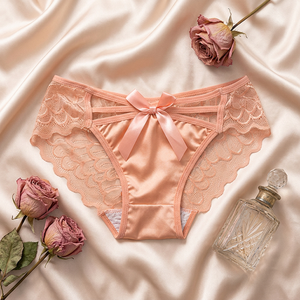Culottes sexy en nylon tricoté avec dentelle pour femme, à bretelles croisées et nœud décoratif, en maille transparente, douces, respirantes, couleur unie, taille mi-haute, OEM - Product Image 1