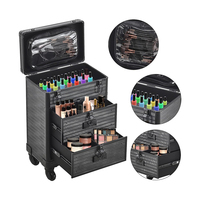 Chariot de beauté professionnel trousse de maquillage sur roues verrouillable boîte cosmétique noire mallette de rangement pour outils à ongles avec 2 tiroirs