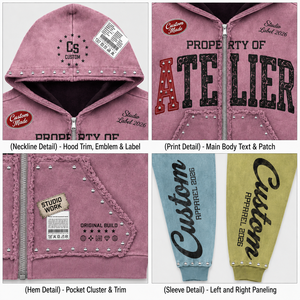 Sweat à capuche zippé en molleton français 400 g/m² 100 % coton, imprimé par transfert thermique avec strass et effet vieilli, streetwear, logo personnalisé, pour homme. - Product Image 3