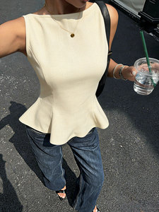 Débardeur Femme Décontracté à <span class=keywords><strong>Col</strong></span> <span class=keywords><strong>Bateau</strong></span> Sans Manches avec Peplum, Découpe au Dos et Grand Nœud, Taille Cintrée, pour le Bureau, les Trajets Quotidien et les Rendez-vous - Product Image 1