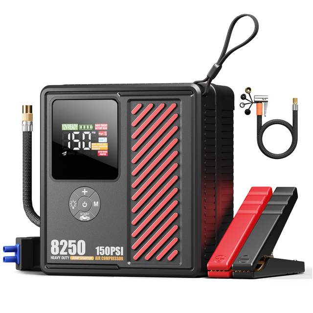 Multi-Function 2700A 12V Motorcycle/Truck/Car Battery Jump Starter 150PSI Air Pump 13200mAh 760CCA Booster Tire Inflator Digital