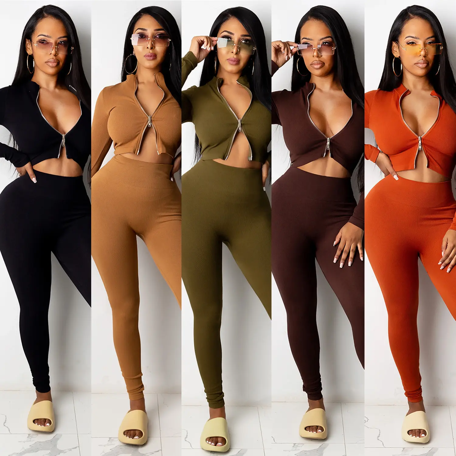 2021 Hot sale women clothing high stretchy zip up tops with leggings tracksuit two piece set casual wholesale outfits streetwear
