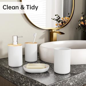 Skymoving bianco 6 pezzi <span class=keywords><strong>set</strong></span> da <span class=keywords><strong>bagno</strong></span> in plastica accessori per toilette Dispenser sapone in plastica accessori da <span class=keywords><strong>bagno</strong></span> <span class=keywords><strong>set</strong></span> di lusso per la casa - Product Image 2