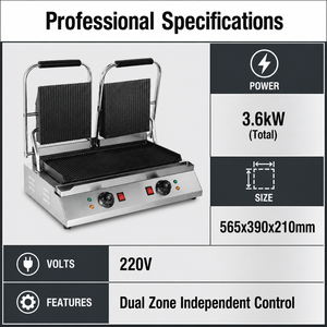 Grill électrique professionnel double face pour panini 3,6 kW 220 V – Grille de contact pour sandwichs, burgers, steaks, café, restaurant, cuisine - Product Image 2