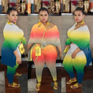 Primavera autunno Casual <span class=keywords><strong>taglie</strong></span> forti da donna 2 pezzi abbigliamento abito sfumato scollo a V Modulare largo due pezzi abbigliamento donna set - Product Image 1