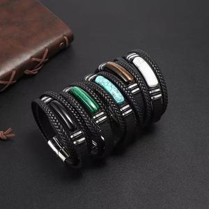 Handmade Men's Fashion <b>Bracelet</b> Black Gun Plated with Geometric Design Vintage <b>Leather</b> Magnetic Buckle Closure - Product Image 2