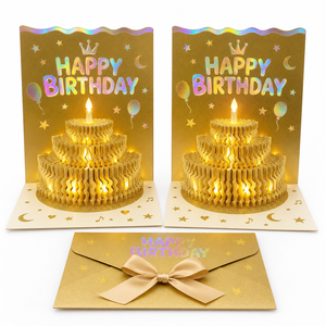 Tarjeta de felicitación de cumpleaños en 3D con luz, tarjeta musical con diseño de pastel, papel dorado, sobre para regalo de cumpleaños - Product Image 1