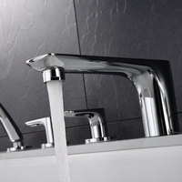 Robinet de baignoire romain à bec courbé en chrome poli avec douchette à main, 5 trous, triple levier fin, douchette ronde, robinet de baignoire à montage sur pont
