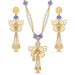 925 Silver Butterfly Necklace Set for Women Designer Floral Pendant <b>Blue</b> <b>Bead</b> Mala Matching Earrings Jewelry - Product Image 1