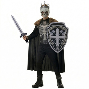 Costume d'Halloween pour garçons, Roi Squelette, Chevalier Médiéval, Tenue de Guerrier Squelette Effrayant pour Enfants avec Couronne, Masque, Cape, Épée et Bouclier pour Fête - Product Image 5