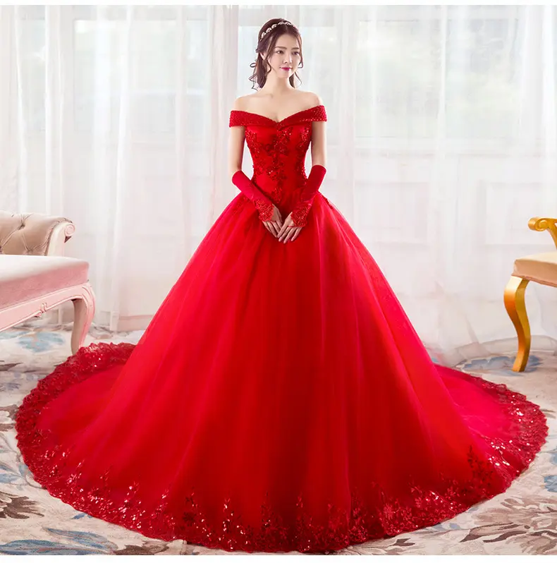 Tekne boyun baju pengantin geleneksel çin esaret <span class=keywords><strong>uzun</strong></span> kuyruk kırmızı çin düğün elbisesi