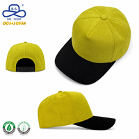 Topi Baseball Snapback 5 Panel ODM OEM Pabrik, Bahan Beludru Halus Warna Kuning Hijau, Pinggiran Hitam, Bordir Logo Custom