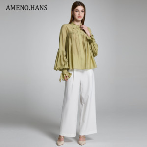<span class=keywords><strong>AMENO</strong></span> Blouses en mousseline de soie à manches longues de couleur unie à volants pour femmes pour l'été - Product Image 3
