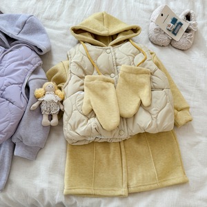 Girls Winter Cotton Outfit Set With Hooded Vest Gloves Thickened Pants Solid Color Children's Clothing - Product Image 2