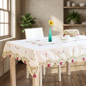 Nappe de table en coton de style européen moderne, directement du fabricant |   Broderie personnalisée |   Pompons tissés carrés écologiques et imperméables - Product Image 1