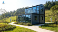 Maison préfabriquée en conteneurs à deux étages, structure en acier modulaire, maison mobile en conteneurs détachée avec balcon et grande fenêtre en verre
