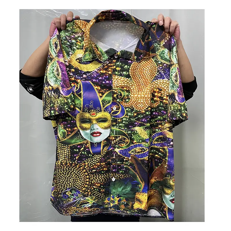 Vendita all'ingrosso della fabbrica di vendita calda 3D stampa Mardi Gras camicie personalizzate festa in poliestere camicie hawaiane a maniche corte da uomo