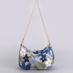 Elegant Embroidered <b>Canvas</b> Women's Handbag with Floral Pattern Zipper Closure Chain Strap for Daily Use - Product Image 1