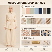 Setelan Muslimah Dua Potong Elegan Bahan Campuran Katun 55% dengan Tunik Berkerut dan Celana Kaki Lebar untuk Pemakaian Sehari-hari