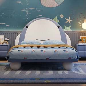 Cama Premium para niños con diseño de ballena Marco de madera resistente 100% Muebles minimalistas para dormitorio juvenil de espacio pequeño - Product Image 1