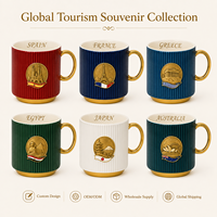 Tasse à café en céramique souvenir de Portugal, Europe, avec badge métallique en relief et rayures verticales, pour tasse en porcelaine fine, personnalisable OEM ODM, vente en gros