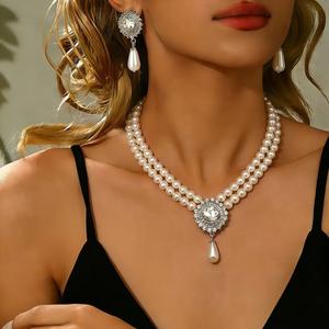 Luxury Vintage Imitation <b>Pearl</b> Jewelry Set for Wedding Engagement Elegant Double-Layer <b>Necklace</b> with Pendant <b>and</b> <b>Pearl</b> <b>Earrings</b> - Product Image 2