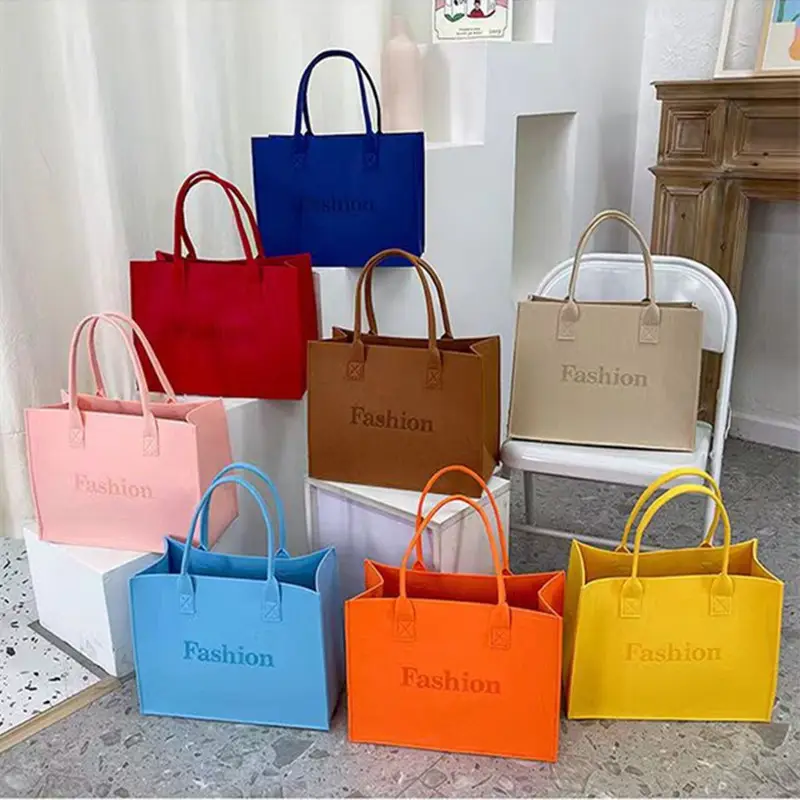 New Fashion Wholesale Eco Friendly Custom Logo Large Capacity Colorful Felt Shopping Tote Bags