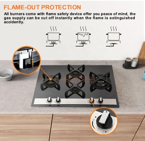Black Tempered Glass 4 Burner Built in Gas <b>Stove</b> With Cast Iron Pan Support Cooktop - Product Image 5