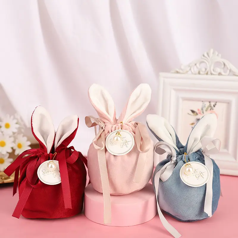 Wholesale Custom Easter Party Decor Rabbit Basket Bunny Ears Candy Gift Packaging Drawstring Bags Small Velvet Easter Bag