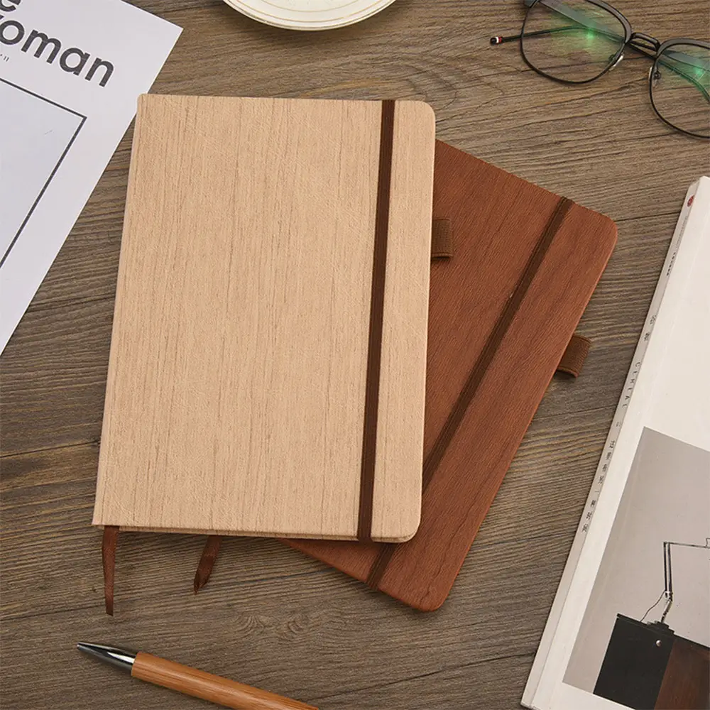 स्वनिर्धारित क्लासिक कार्यालय लकड़ी बनावट कवर नोटबुक कागज नोट बुक डायरी के साथ लोचदार बैंड