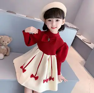 1-10歳の女の子のセータードレス子供冬のニット服長袖カジュアル衣装弓幼児赤いプリンセスパーティードレス