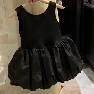 Abito in raso a sbuffo senza maniche senza schiena abito da principessa modello solido stile dolce per foto estive del bambino di vestiti neri delle ragazze - Product Image 3
