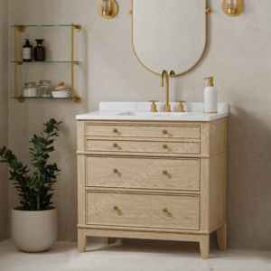 Tocador de baño de lujo, lavabo doble/individual y lavabo con espejo para Hotel/hogar, conjunto de armario de baño elegante de madera maciza Magnolia - Product Image 1