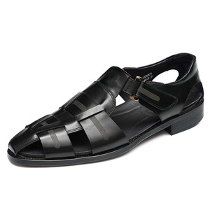 Sandalias de cuero genuino con tiras cruzadas, punta cuadrada, transpirables, zapatos de verano para hombre - Product Image 5