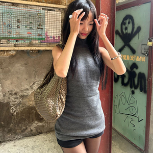 Chaleco Largo Ajustado Gris con Cuello Redondo para Mujer, Patchwork de Crochet, Spandex/Poliéster, Lana, Informal, para Exteriores - Product Image 4