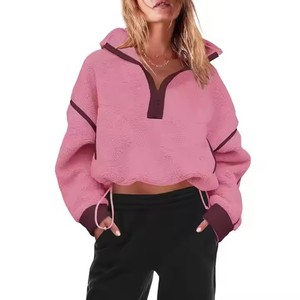 Wholesale Streetwear Vintage Contrasting <strong>Sherpa</strong> <strong>Hoodies</strong> Custom Logo <strong>Women's</strong> 1/4 Zip up Loose Fit Fleece <strong>Hoodies</strong> - Product Image 2
