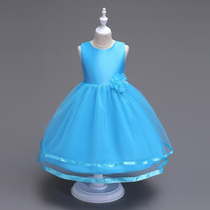Vestido de princesa para niñas, vestido azul cielo con cuello redondo y tul, vestido de flores para niñas - Product Image 1