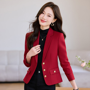 Red Blazer For Women Solid Color Polyester Anti-Wrinkle Short Casual Jacket Spring Autumn Wear - Product Image 1