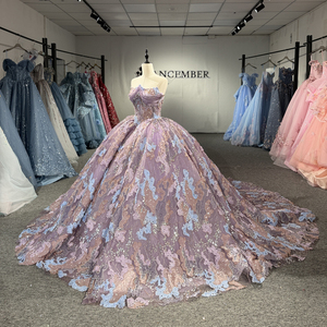Dy1528 Luxury Mauve Purple Chiffon Natural Waist Quinceanera Dress Sparkly Floral Lace Applique Ball Gown Beaded Anti-static - Product Image 5