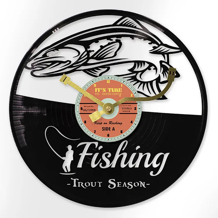 Fishing Theme Black 30cm Vinyl Wall Clock For Fishery Lovers