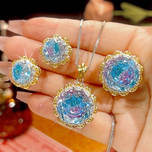 Vintage Eco-friendly Copper Diamond Jewelry <b>Set</b> New Fashion 16-10mm Pink Blue Cubic Zirconia Trendy Pendant <b>Earrings</b> Ring <b>Set</b> - Product Image 2