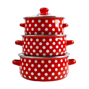 Moderne Emaille Pottenset, Glazen Afdekking, Driedelige Set, Emailpot, Soeppan, Emailset, 16/18/20Cm