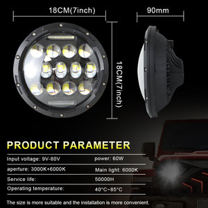 ไฟหน้า LED ทรงกลม JHS ขนาด 7 นิ้ว 60W กำลังสูง สำหรับรถจี๊ป Wrangler กันน้ำ ใช้เป็นไฟตัดหมอกสำหรับรถ Jeep JK <span class=keywords><strong>JL</strong></span> - Product Image 2