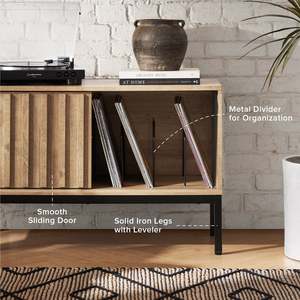 AJUNION Support <span class=keywords><strong>de</strong></span> tourne-disque en vinyle Support <span class=keywords><strong>de</strong></span> platine vinyle en bois cannelé Armoire <span class=keywords><strong>de</strong></span> <span class=keywords><strong>rangement</strong></span> multimédia <span class=keywords><strong>pour</strong></span> salon - Product Image 2
