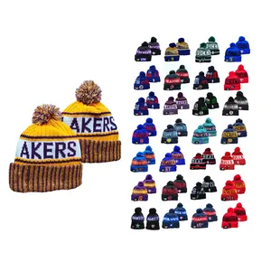 Grosir Kustom Tenunan Label Desain Topi Sepak Bola Nasional Liga Basket Topi Penggemar Rajutan Beanie Topi Musim Dingin