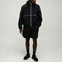 Ensemble de survêtement urbain pour homme en nylon léger, coupe-vent, 2 pièces, avec short et veste à capuche à passepoil contrastant, confectionné sur mesure