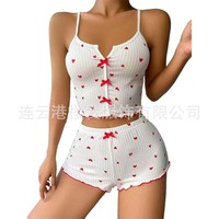 Ensemble de pyjamas pour femmes, vente chaude, nouveau, respirant, tricoté, imprimé en forme de cœur, cils, côtelé, vêtements de nuit sexy, européen américain