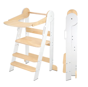 2-in-1 Lernturm Faltbarer Holz-Stehhelferturm für Kleinkinder Küchenhelferstuhl mit 3-fach Höhenverstellbarem Tritthocker - Product Image 1