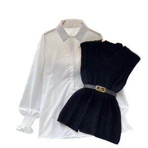 Camicette da donna <span class=keywords><strong>eleganti</strong></span> e solide con collo a v maniche lunghe top Casual traspiranti per l'autunno vestiti a maglia all'ingrosso maglione Set - Product Image 4
