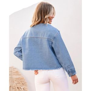 2025 Women's Trendy Oversized <b>Jean</b> Jacket <b>Raw</b> <b>Hem</b> Long Sleeves Fashion Casual Shacket Pockets Button Decoration Loose Fit - Product Image 5